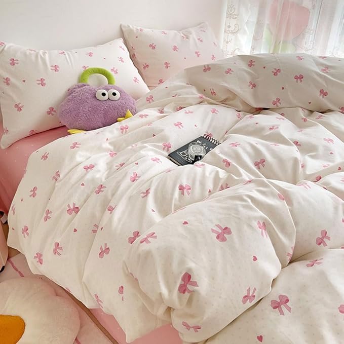 Nayoroom Pink Bow Duvet Cover Twin Size Heart Bows Printed Coquette Bedding Set - Image 5