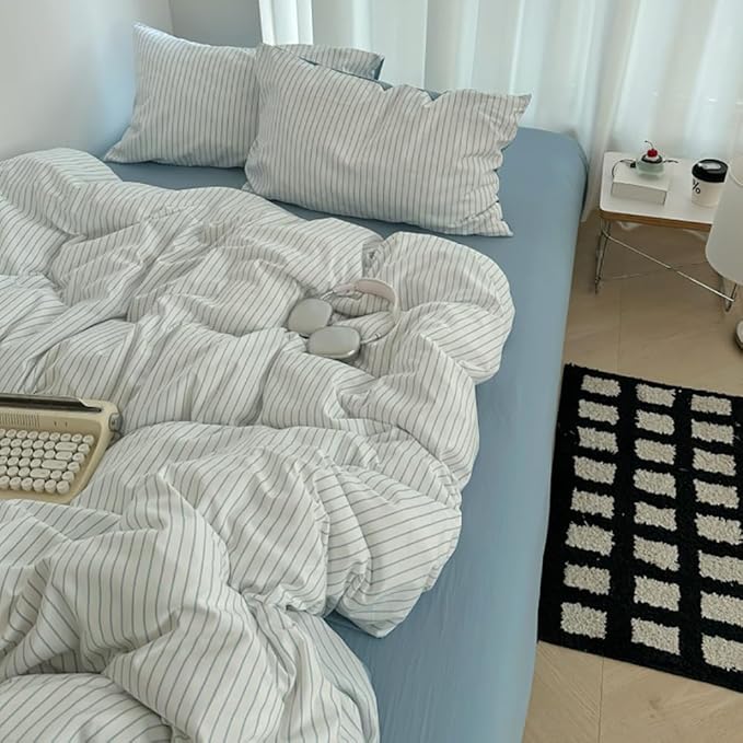 Nayoroom Blue Striped Duvet Cover Queen Size 100% Washed Cotton Duvet Cover - Image 6