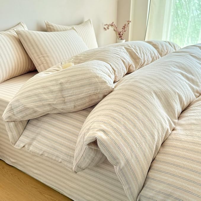 PinkMemory Beige Striped Duvet Cover Set King 100% Washed Cotton Beige Striped by PinkMemory