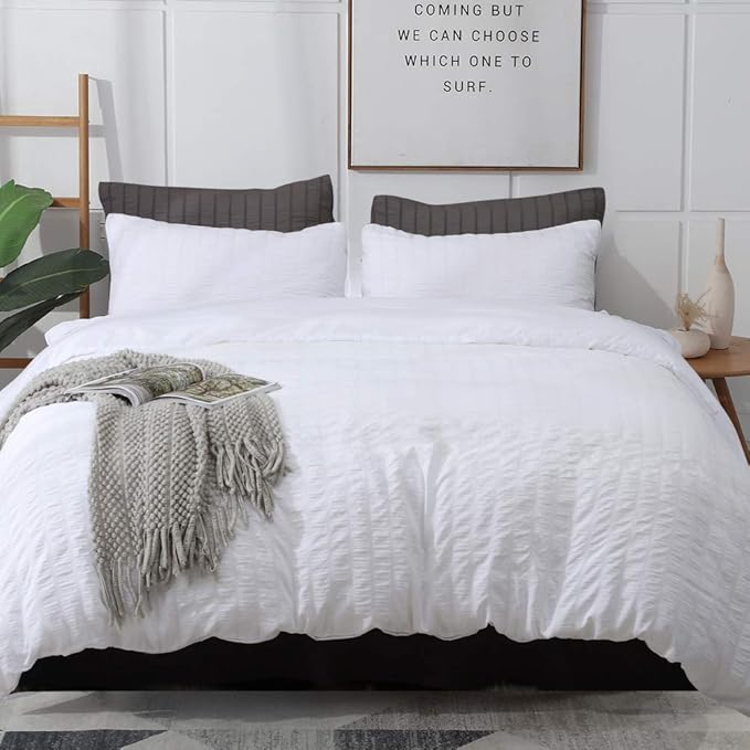 AveLom White Duvet Cover Set California King Size, 3 Pieces, Seersucker Soft by AveLom