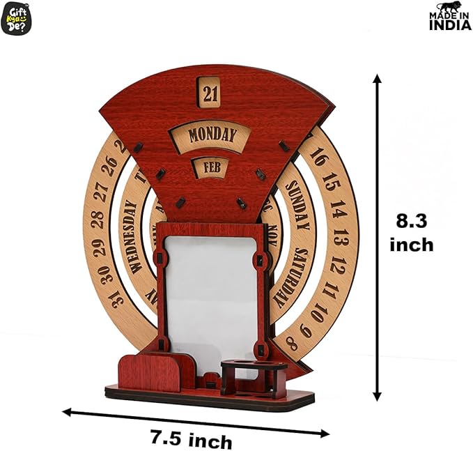 GKD Wooden Desk/Table Calendar to Lifetime Infinite Calendar 2025 with Desk Organizer and Photo Frame for Office/Home (‎Red)-DeskoryOffice