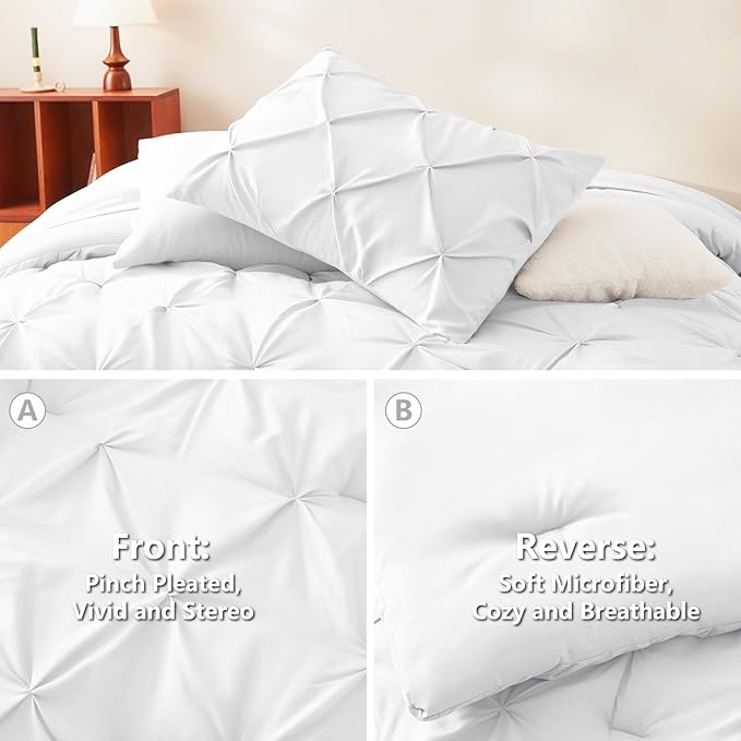 CozyLux Queen Comforter Set White, 7 Pieces Pintuck Bed in A Bag, Premium White - Image 3
