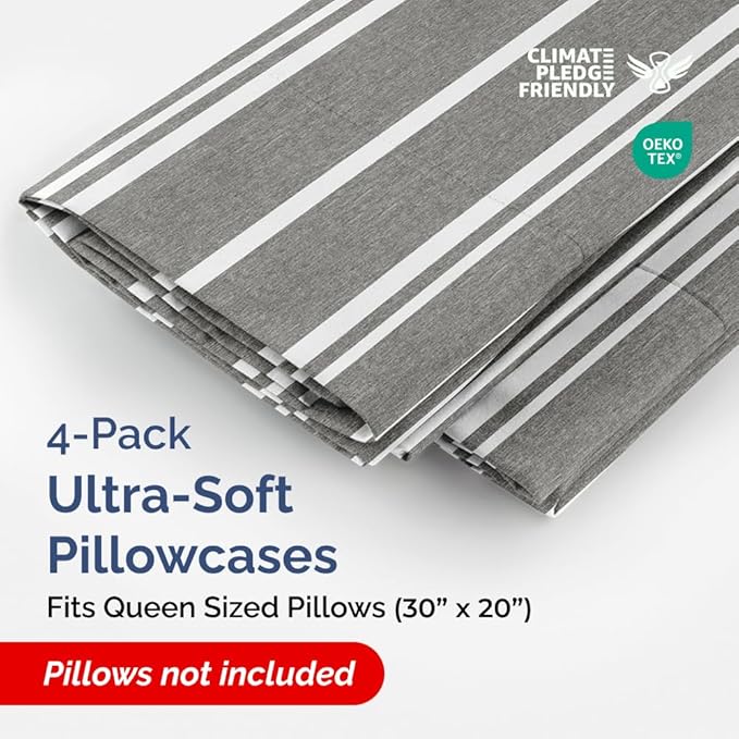 Queen Pillow Cases Set of 4 - Ultra Soft Hotel Quality Pillowcase Covers - Comfy, Cozy & Wrinkle Free - Shrinkage and Fade Resistant - Machine Washable Pillow Protectors - 4 Piece Set - Grey Stripes 3