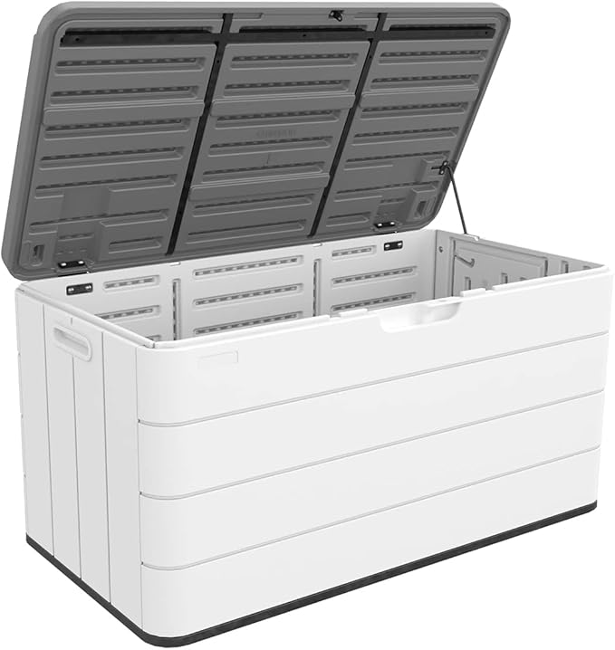 100 Gallon Outdoor Storage Box Waterproof Lockable Resin Deck Box Large, Patio Storage Bin for Pool Accessories Cushion Furniture, Garden Tools, UV-Resistant Outside Delivery Black&White-DeskoryOffice