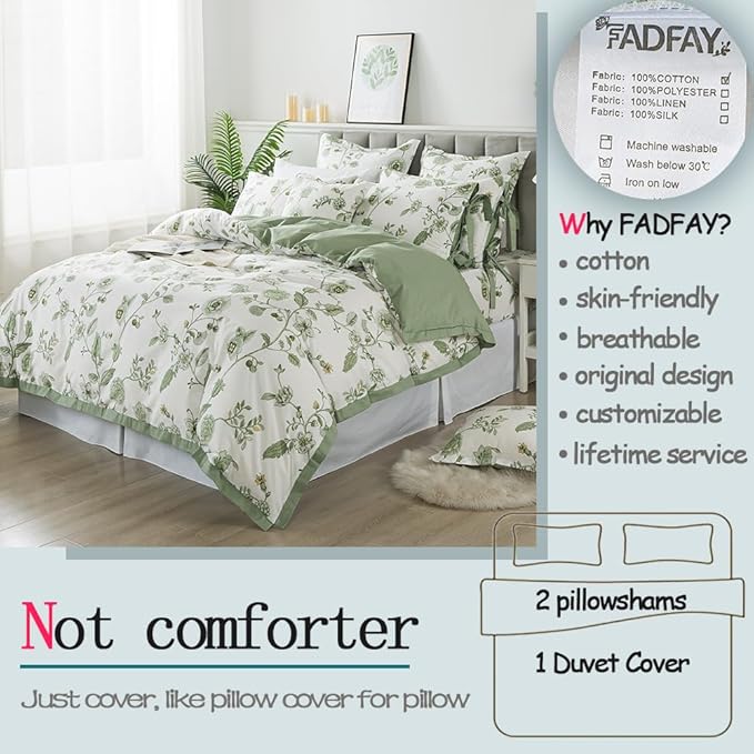 FADFAY Green Duvet Cover Set Queen Floral Bedding 100% Cotton Shabby Vintage - Image 2