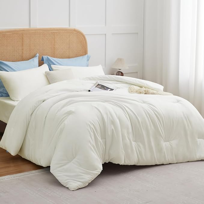 CozyLux Full Size Comforter Set Ivory, 3 Pieces Solid Breathable Quilted by CozyLux