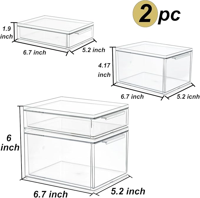 Set of 2 Stackable Storage Drawers - 6.7" Clear Plastic Drawer Storage, Acrylic Makeup Organizer, Desk Counter Cabinet Office Organizer, Bathroom Organizers and Storage (Modern/Set of 2)-DeskoryOffice