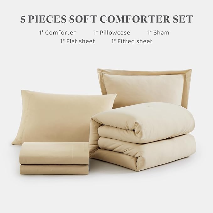 WRENSONGE Twin Comforter Set- 5 Pieces Beige, All Season Twin XL Bedding Sets - Image 8