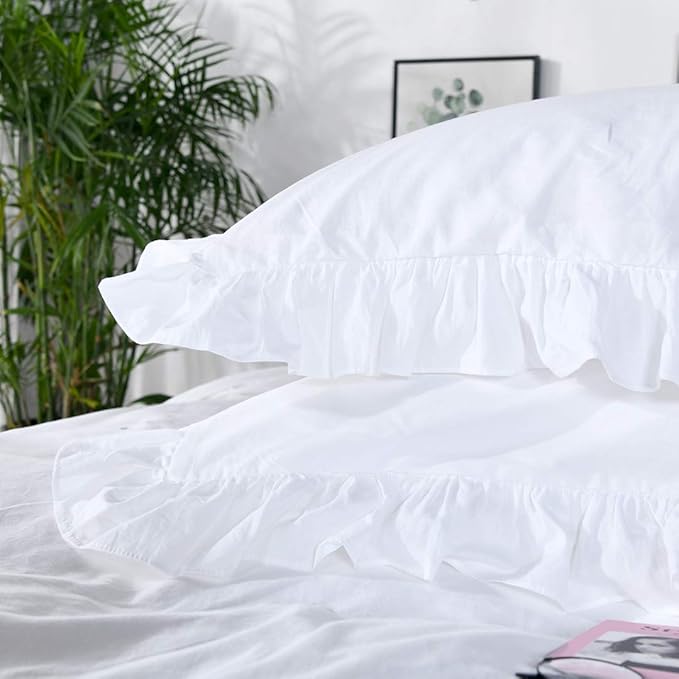 QSH White Shabby Ruffle Duvet Cover Full Size, Washed Cotton Farmhouse Boho - Image 3