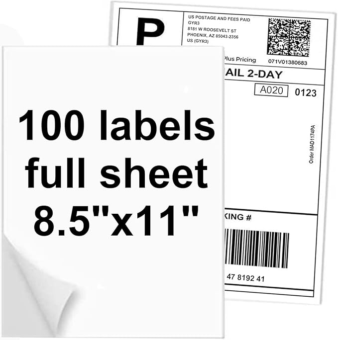 100 Full Sheets Sticker Paper for Laser & Ink Jet Printers, 8.5" x 11" Full Sheet Address Shipping Label, 100 Sheets 100 Labels-DeskoryOffice