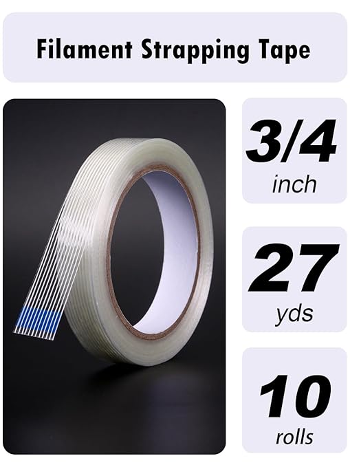 10 Pack 3/4 in×27YDS, Filament Strapping Tape, 270yds Total, Clear Fiberglass Reinforced Packing, Heavy Duty Wearproof Tape, Extra Thickness 5.5 mil-DeskoryOffice