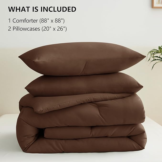 CozyLux Queen Comforter Set Brown, 3 Pieces Solid Comforters Queen Size - Image 7