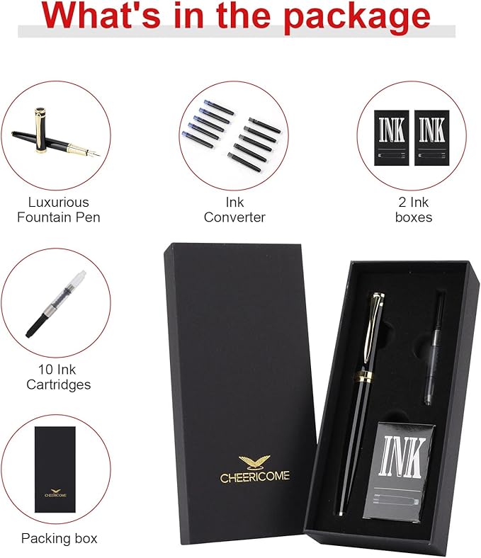 Cheericome Fountain Pen - Ink Pen for Smooth Writing - Exquisite Fountain pen gift set for Men & Women - Fountain Pen Fine Nib，Includes 10 Ink Cartridges and Ink Refill Converter - Black-DeskoryOffice