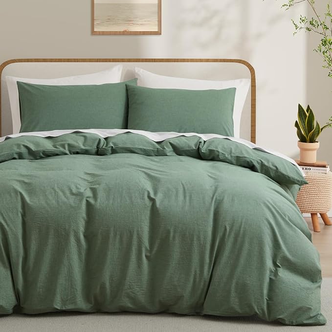 LOVQUE 100% Washed Cotton Duvet Cover Queen Size, Mint Green Fade-Resistant by LOVQUE