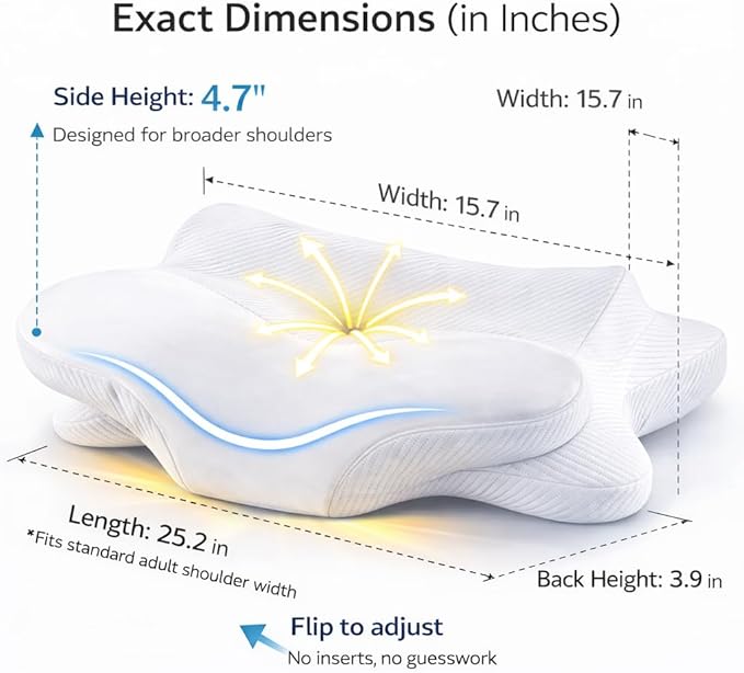 Butterfly Cervical Pillow for Side Sleepers, Dual Height Neck Support Pillow (4.7”/3.9”), Ergonomic Memory Foam Pillow for Shoulder Support, Washable Cove