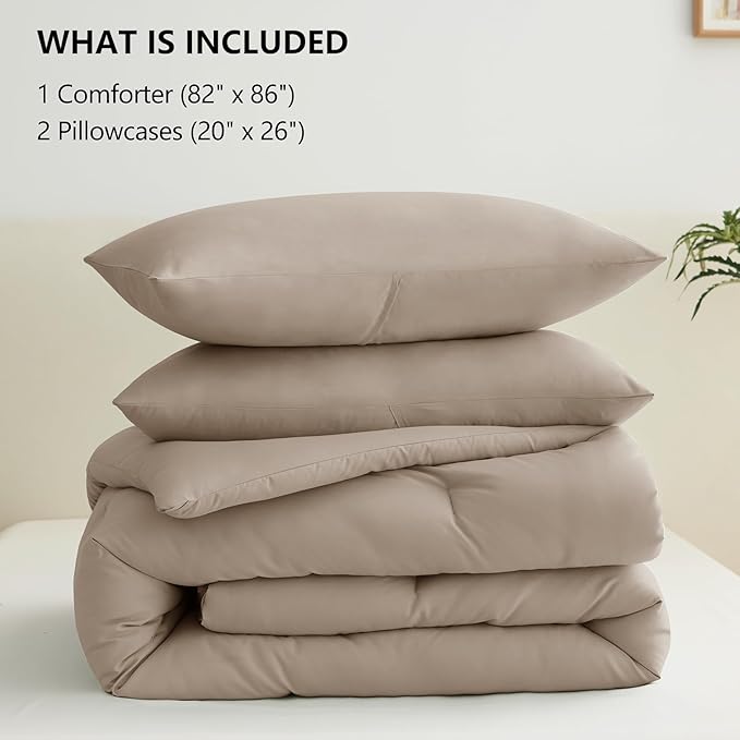 CozyLux Full Size Comforter Set Khaki, 3 Pieces Solid Breathable Quilted - Image 7