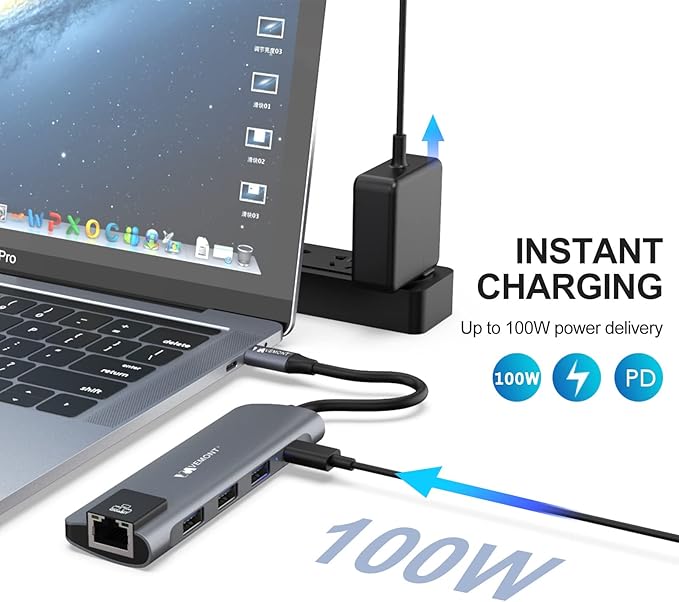 VEMONT USB C hub,5 in1 USB-C hub, Type-c multiport Adapter with Gigabit Ethernet, 3 USB 3.0 hub for Data, 100W Power Delivery, USB c hub for Laptop MacBook/ipad, and Other USB C Devices-DeskoryOffice