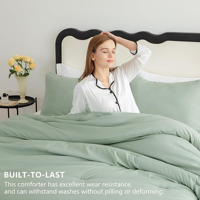 CozyLux Full Size Comforter Set Sage Green, 3 Pieces Solid Breathable Quilted - Image 3