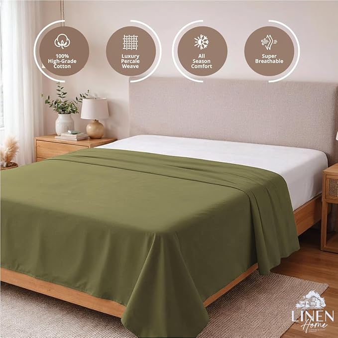 Linen Home 100% Cotton Percale 1 Flat Sheet, Queen Size - Image 2
