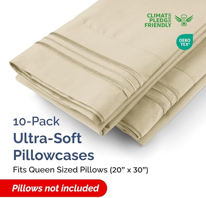 Queen Pillow Cases Set of 10 - Ultra Soft Hotel Quality Pillowcase Covers - Comfy & Wrinkle Free - Shrink, Stain and Fade Resistant - Easy-Care, Machine Washable Pillow Protectors - 10 Pcs Set - Cream