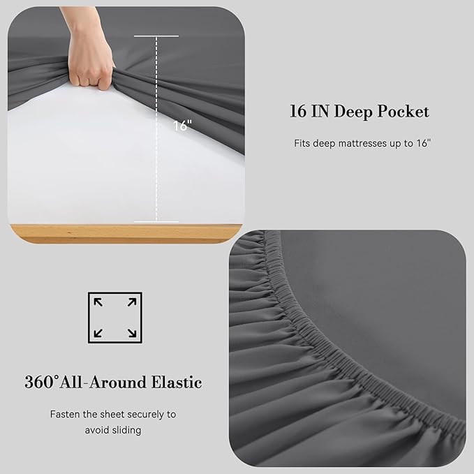 King Sheet Set 4 Piece, Wrinkle Free, Oeko-Tex Certified Bedsheets，Dark Grey - Image 3