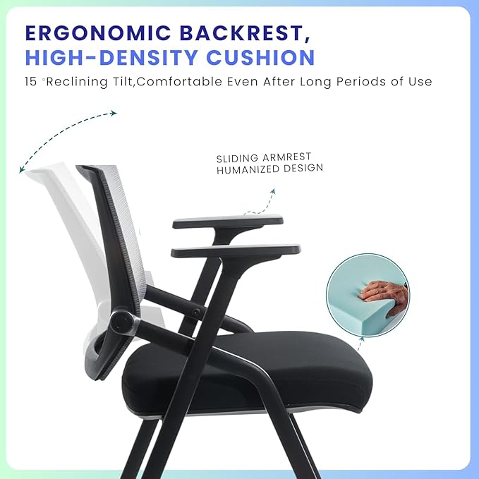 10 Pack Foldable Office Chair with PU Wheels and Sliding Armrest-Ergonomic Mesh Bouncing Back, Stackable Conference Room Chair, Office Guest & Reception & Meeting Chair (Black)-DeskoryOffice