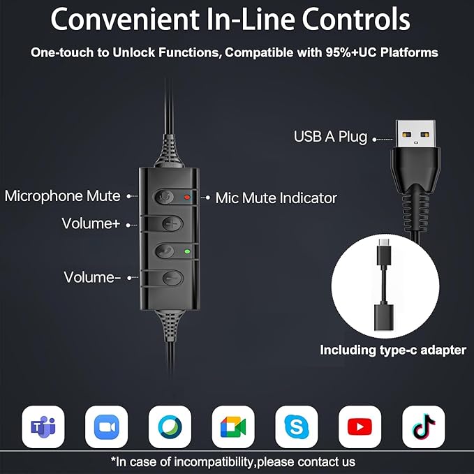 Arama Headset with Microphone for Pc, USB Headset with Noise Canceling Microphone for Laptop, Wired Computer Headset with Mute for Home Office Online Class Skype Zoom Meetings (USBA+USBC, Black)-DeskoryOffice