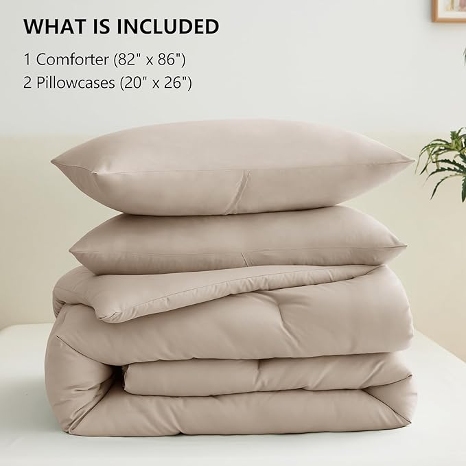 CozyLux Full Size Comforter Set Wheat, 3 Pieces Solid Breathable Quilted - Image 6