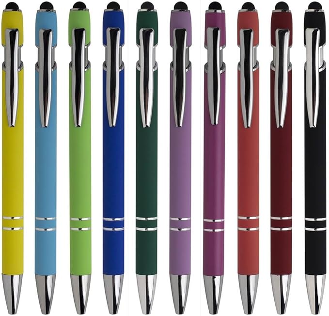 10-Pack Ballpoint Pens with Stylus Tip, Black Ink, 1.0mm Medium Point, Matte Metal Barrel, Assorted Colors – Soft Touch Grip for Office, School-DeskoryOffice