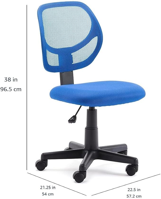 Amazon Basics Rolling Desk Chair, Adjustable, Low Back, Padded Seat, Breathable Mesh, Swivel, Blue, 21.25" D x 22.5" W x 38" H-DeskoryOffice