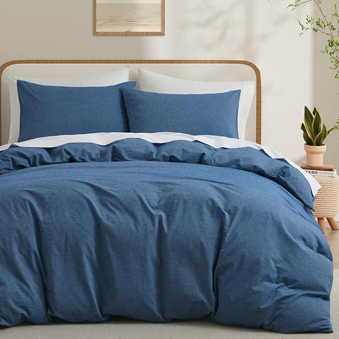 Blue Duvet Cover Full Size, 100% Washed Cotton Linen Like Bedding Set by LOVQUE
