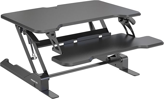 Mount-It! Height Adjustable Standing Desk Converter, Compact 30” Wide Tabletop Standing Desk Riser with Gas Spring, Desktop Stand Up Workstation with Keyboard Tray Fits Monitor or Laptop, Black-DeskoryOffice