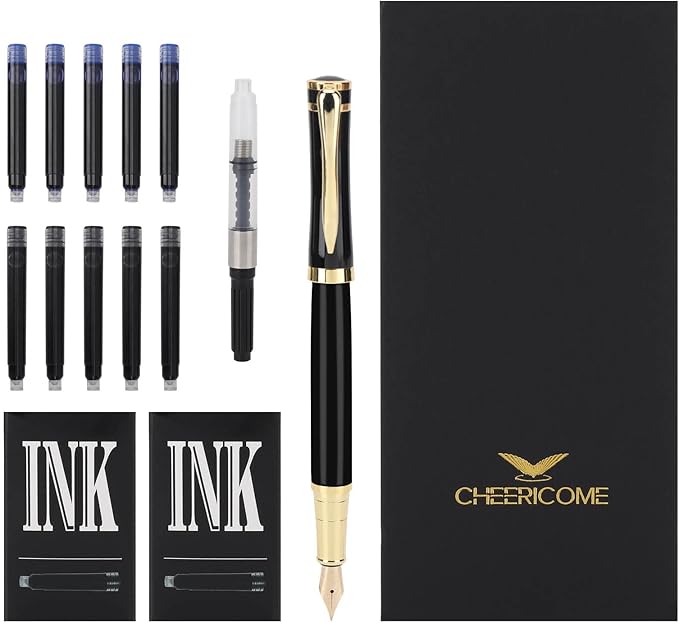 Cheericome Fountain Pen - Ink Pen for Smooth Writing - Exquisite Fountain pen gift set for Men & Women - Fountain Pen Fine Nib，Includes 10 Ink Cartridges and Ink Refill Converter - Black-DeskoryOffice