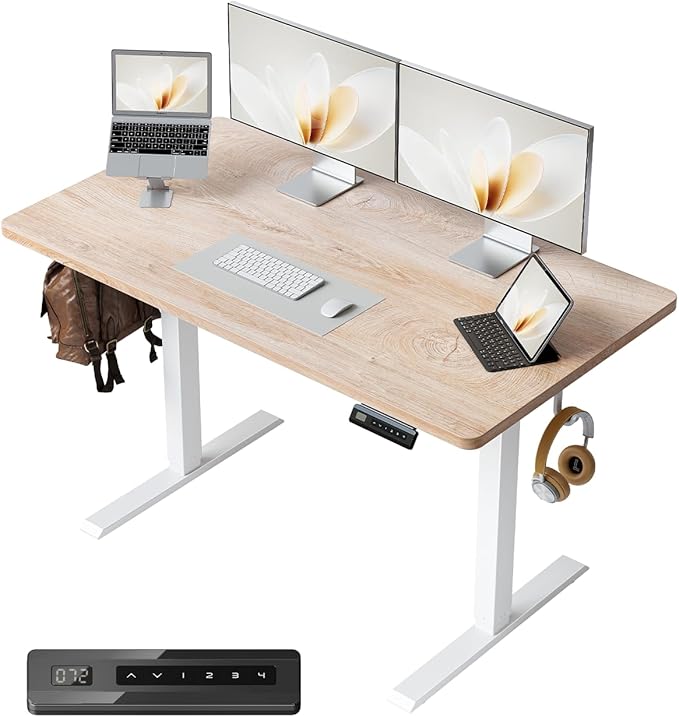 FEZIBO One-Piece Standing Desk Adjustable Height Stand up Home Office Desk, 48x24 Inch Electric Standing Computer Desk, with 4 Memory Presets, Fixable casters, Maple-DeskoryOffice