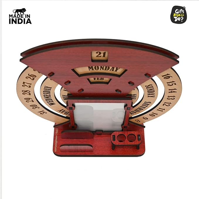 GKD Wooden Desk/Table Calendar to Lifetime Infinite Calendar 2025 with Desk Organizer and Photo Frame for Office/Home (‎Red)-DeskoryOffice