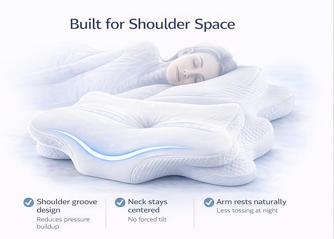 Butterfly Cervical Pillow for Side Sleepers, Dual Height Neck Support Pillow (4.7”/3.9”), Ergonomic Memory Foam Pillow for Shoulder Support, Washable Cove