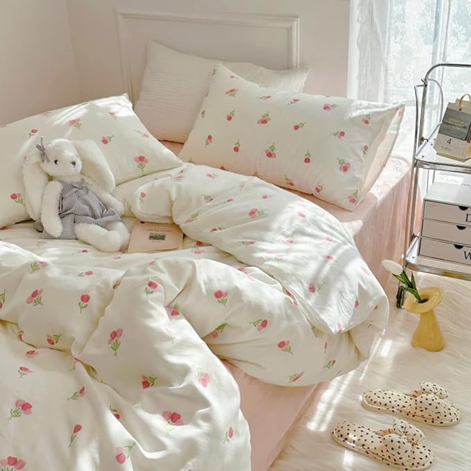 Nayoroom Pink Floral Duvet Cover Queen Size Cute Tulip Printed on White by Nayoroom