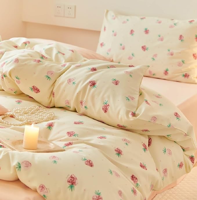 Nayoroom Strawberry Duvet Cover Set Full Size Girls Cute Pink Strawberries - Image 2