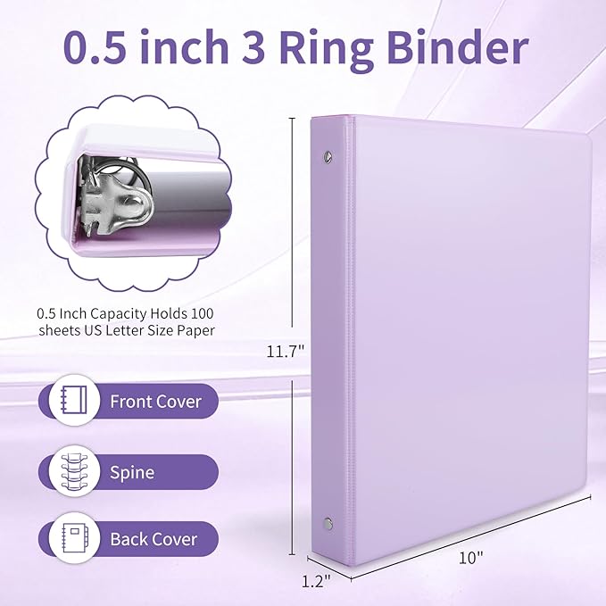 0.5 inch 3-Ring Binder, 1/2 inch Round Ring Binder with 2 Inside Pockets, Clear View Cover Binders Holds 8.5'' x 11''Paper，Pastel Color Binders for Office/Home/School Supply, 6 Pack-DeskoryOffice