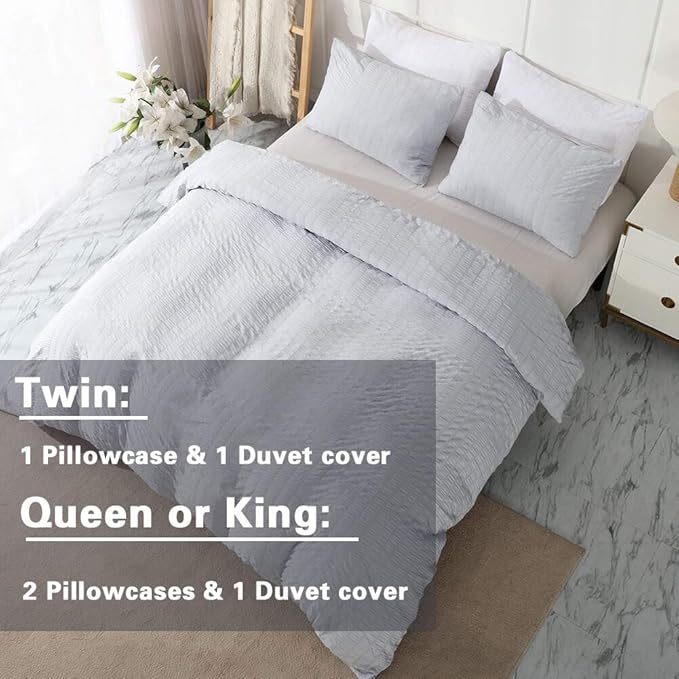 AveLom Seersucker Duvet Cover Set Queen Size, 3 Pieces, Light Gray Ultra Soft - Image 6