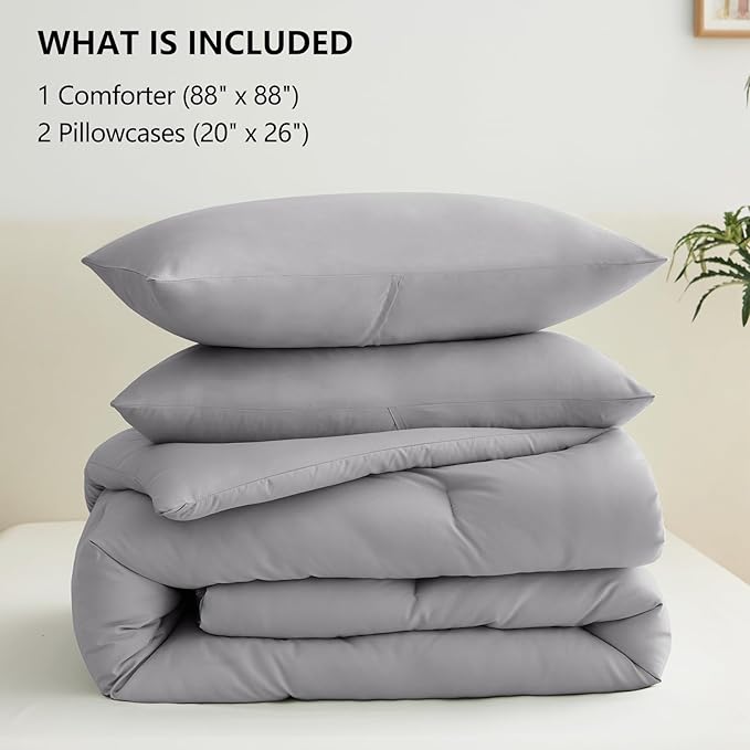 CozyLux Queen Comforter Set Grey, 3 Pieces Solid Comforters Queen Size - Image 6