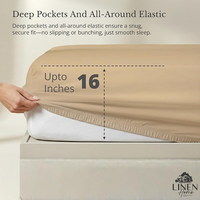 Linen Home 100% Cotton Percale Weave Fitted Sheet, Twin Size, Light Taupe - Image 2