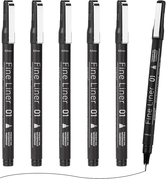 EYEYE Micro Pen Black Drawing Art Pens,6 Pack 0.25mm Archival Pen Waterproof Ink Set Artist Supplies Archival Inking Markers Sketch Outline Pens, Precision Drawing and Sketching Kit-DeskoryOffice