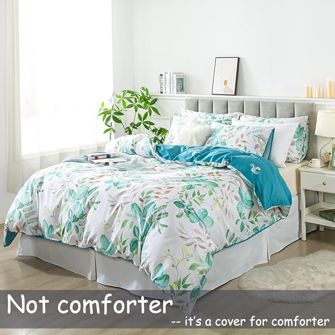 FADFAY Botanical Duvet Cover Sets Queen Size 100% Cotton Teal Green Leaves - Image 2