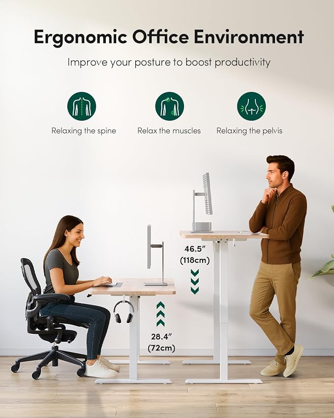 FEZIBO One-Piece Standing Desk Adjustable Height Stand up Home Office Desk, 55x24 Inch Electric Standing Computer Desk, with 4 Memory Presets, Fixable casters, Maple-DeskoryOffice