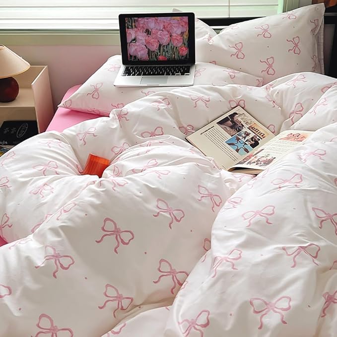 Nayoroom Pink Bow Duvet Cover Full Size Polka Dot Bowknot Coquette Duvet Cover - Image 6