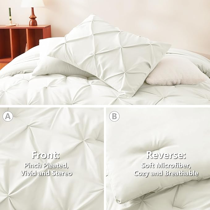HIMEET Pintuck Bed in a Bag, 7 Pieces King Size Comforter Set Ivory, Luxury - Image 3