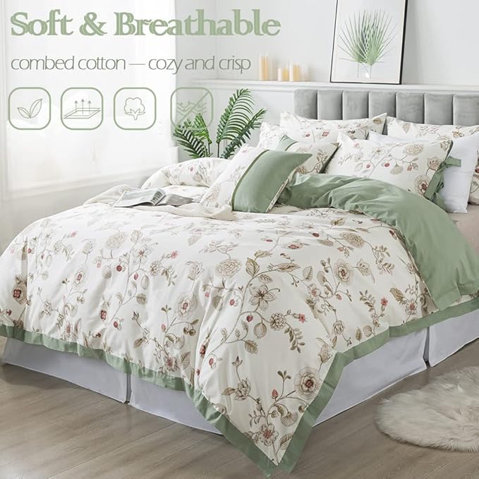FADFAY Floral Bedding Set Twin 100% Cotton Shabby and Chic Beige Green - Image 7