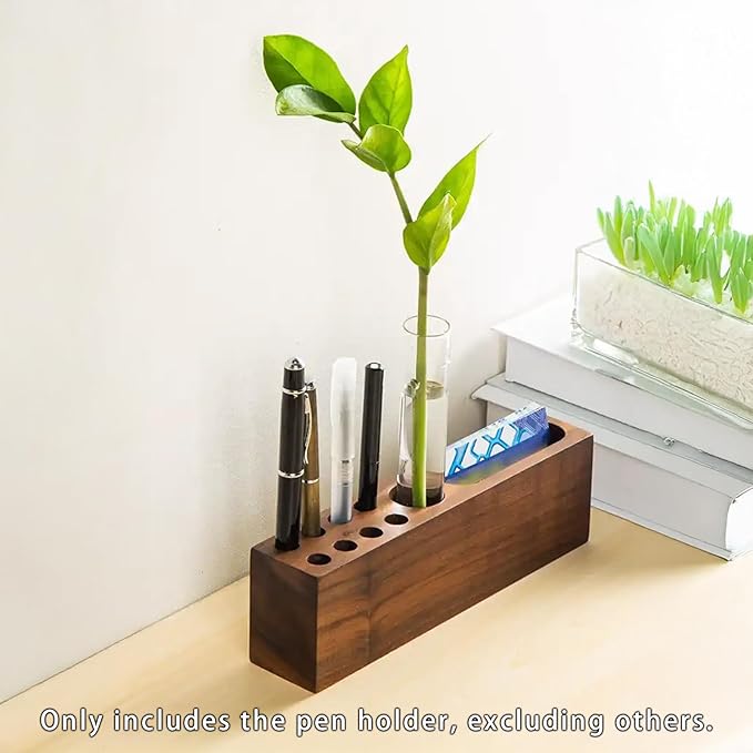 LiTY Pen Holder for Desk, Acacia Wooden Pencil Stand, Solid Wood Business Card Holder, Fountain Pen Organizer, Minimalist Aesthetic Office Stationery Desk Decor-DeskoryOffice