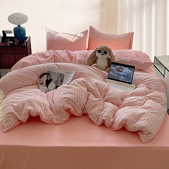 Nayoroom Gingham Duvet Cover Queen Size Reversible Pink Plaid Checkered Duvet - Image 5